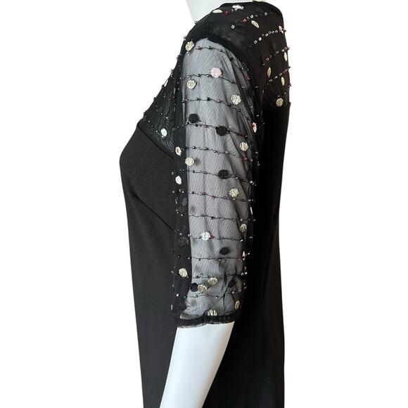 Nina Leonard Sz S Dress Black Crepe Midi Beaded Sheer Short Sleeve Round Neck - Picture 4 of 14
